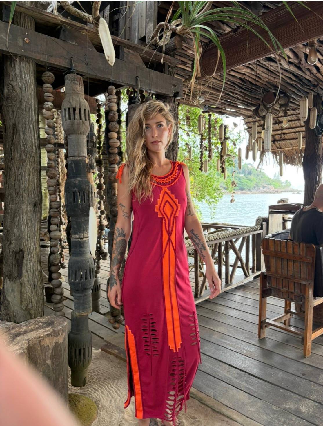 TOTEM DRESS An elegant sleeveless maxi dress with side slits, inspired by ethnic motifs. Handcrafted symmetrical applique in contrasting color. Made from 100% cotton, a lightweight knit fabric. BestPlanNoPlan Red