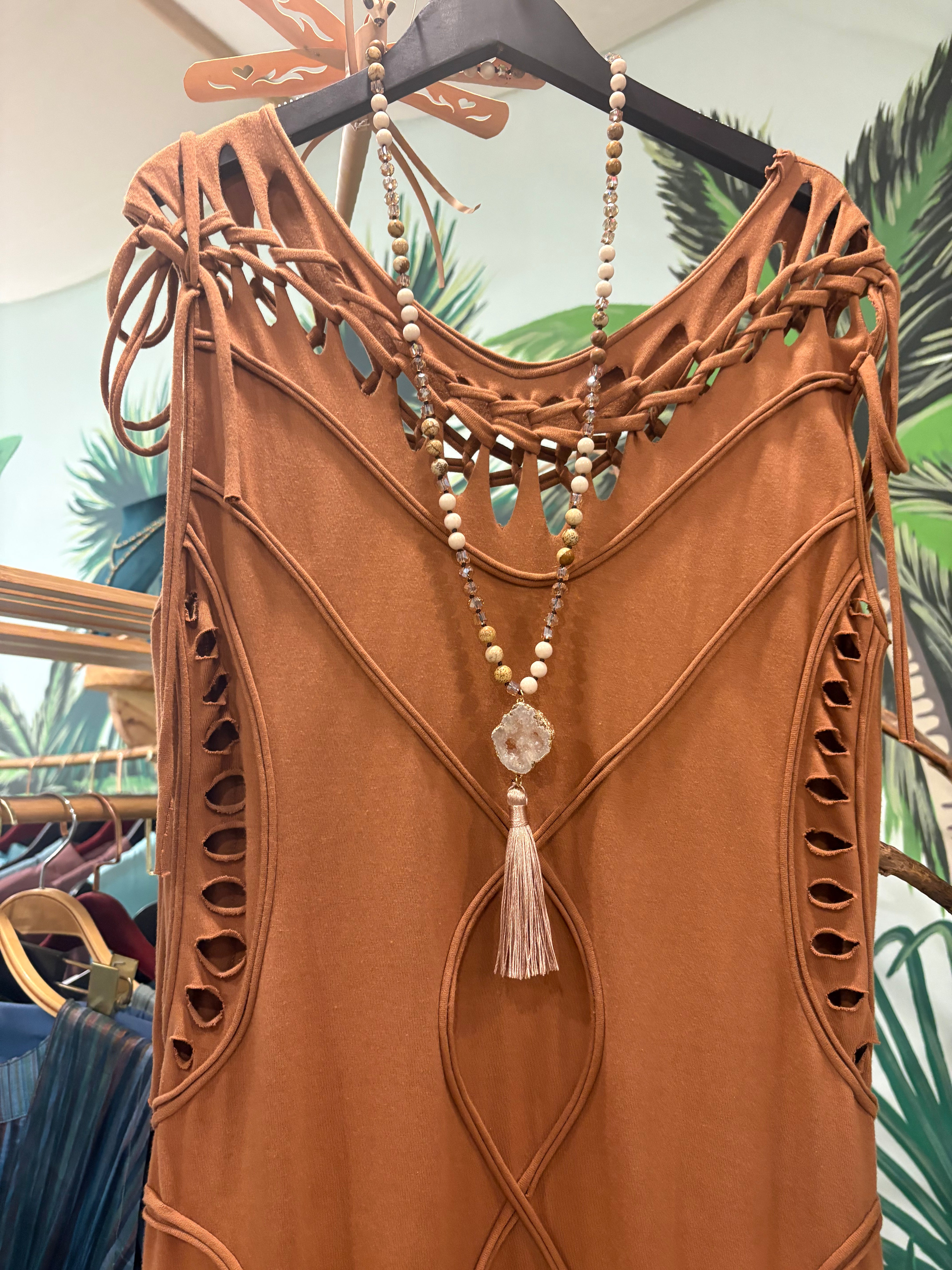 Druzy quartz in gold leaf Boho necklace and tassel BestPlanNoPlan