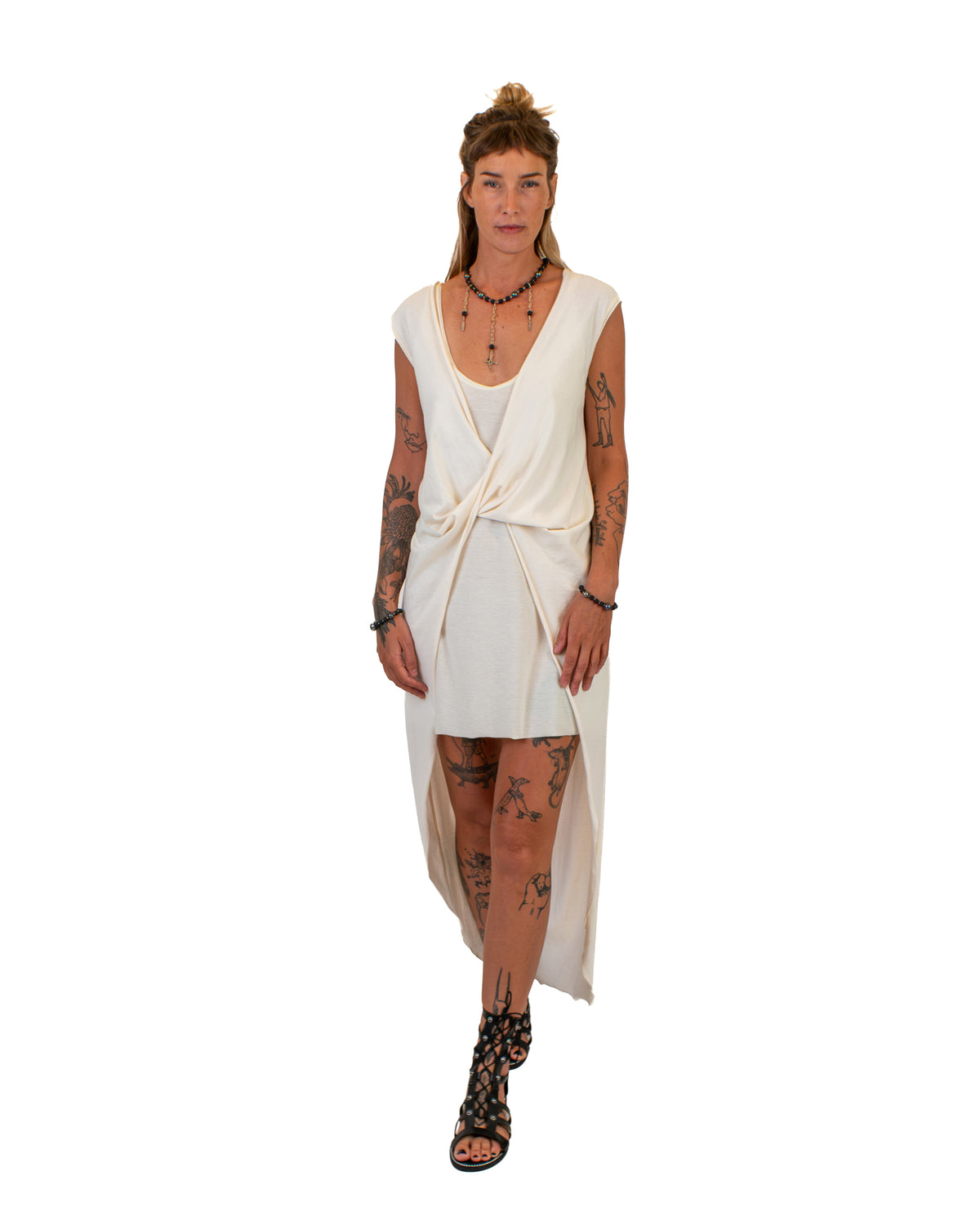 FLUIDY Draped Cotton Wrap Tunic Dress BestPlanNoPlan Cream S