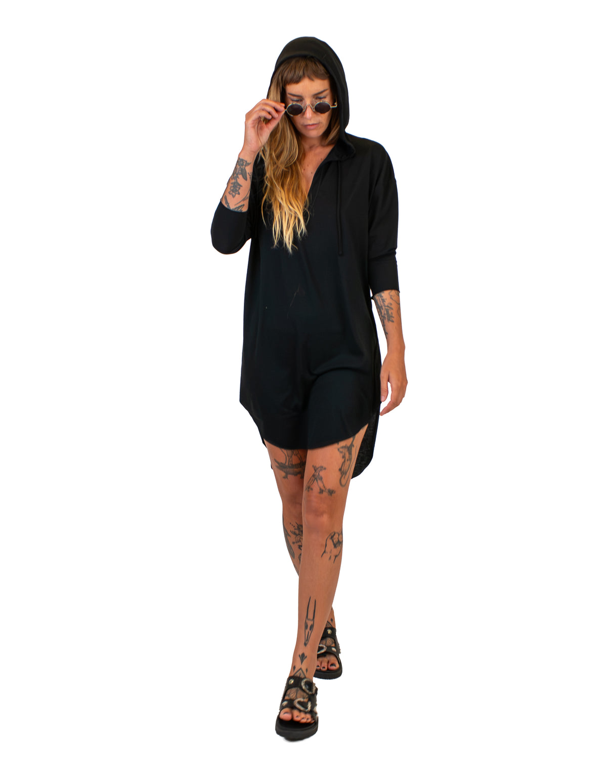 MONA Hooded Cotton Tunic Dress Dress BestPlanNoPlan Black S