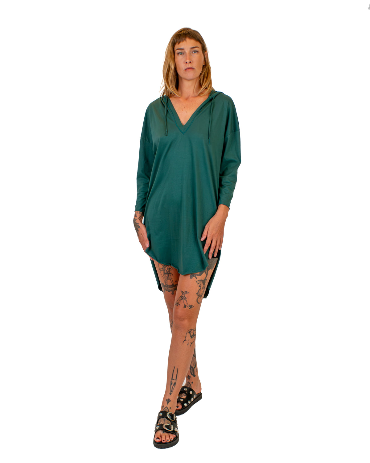 MONA Hooded Cotton Tunic Dress Dress BestPlanNoPlan Green S