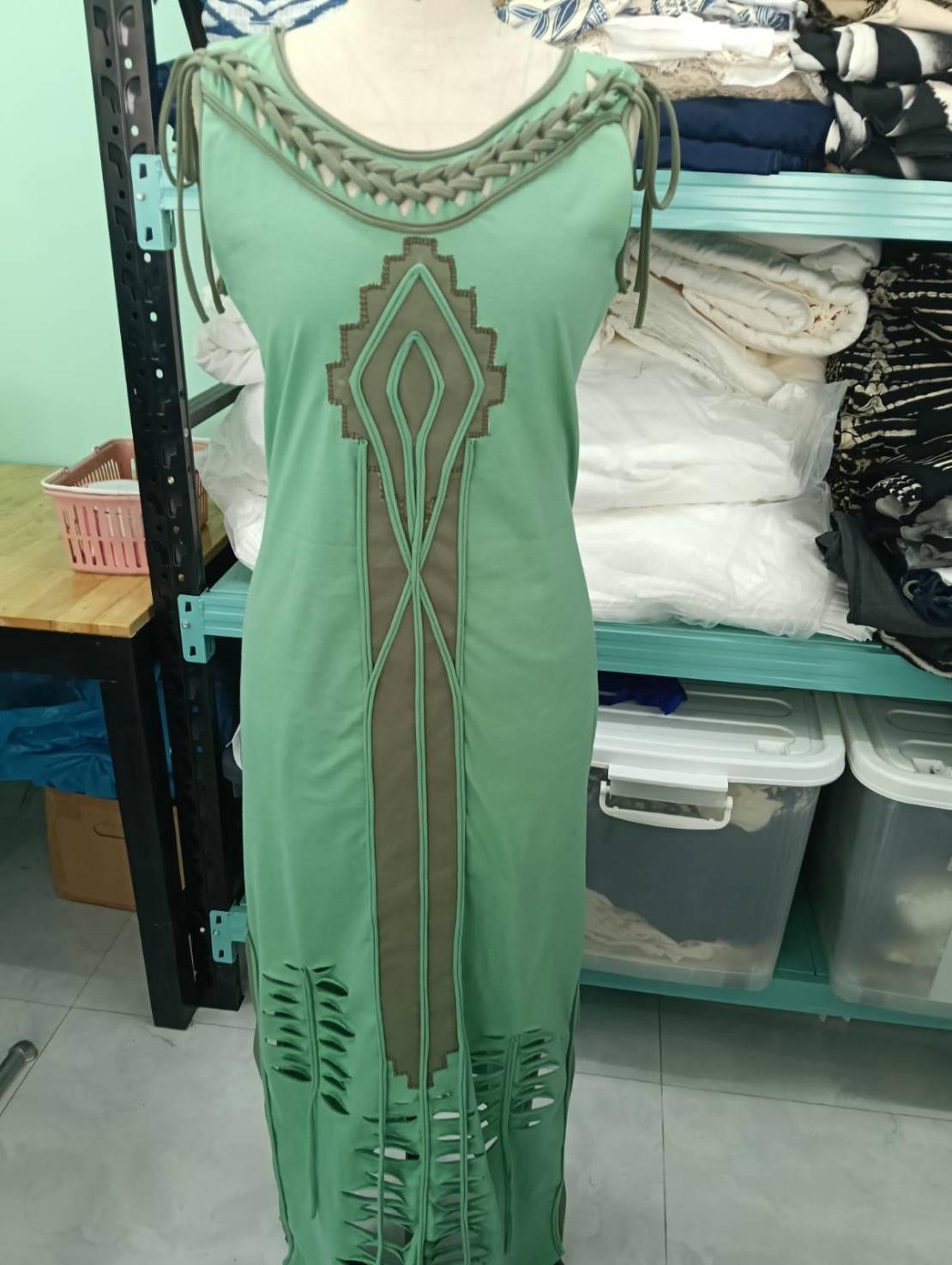 TOTEM DRESS An elegant sleeveless maxi dress with side slits, inspired by ethnic motifs. Handcrafted symmetrical applique in contrasting color. Made from 100% cotton, a lightweight knit fabric. BestPlanNoPlan Green