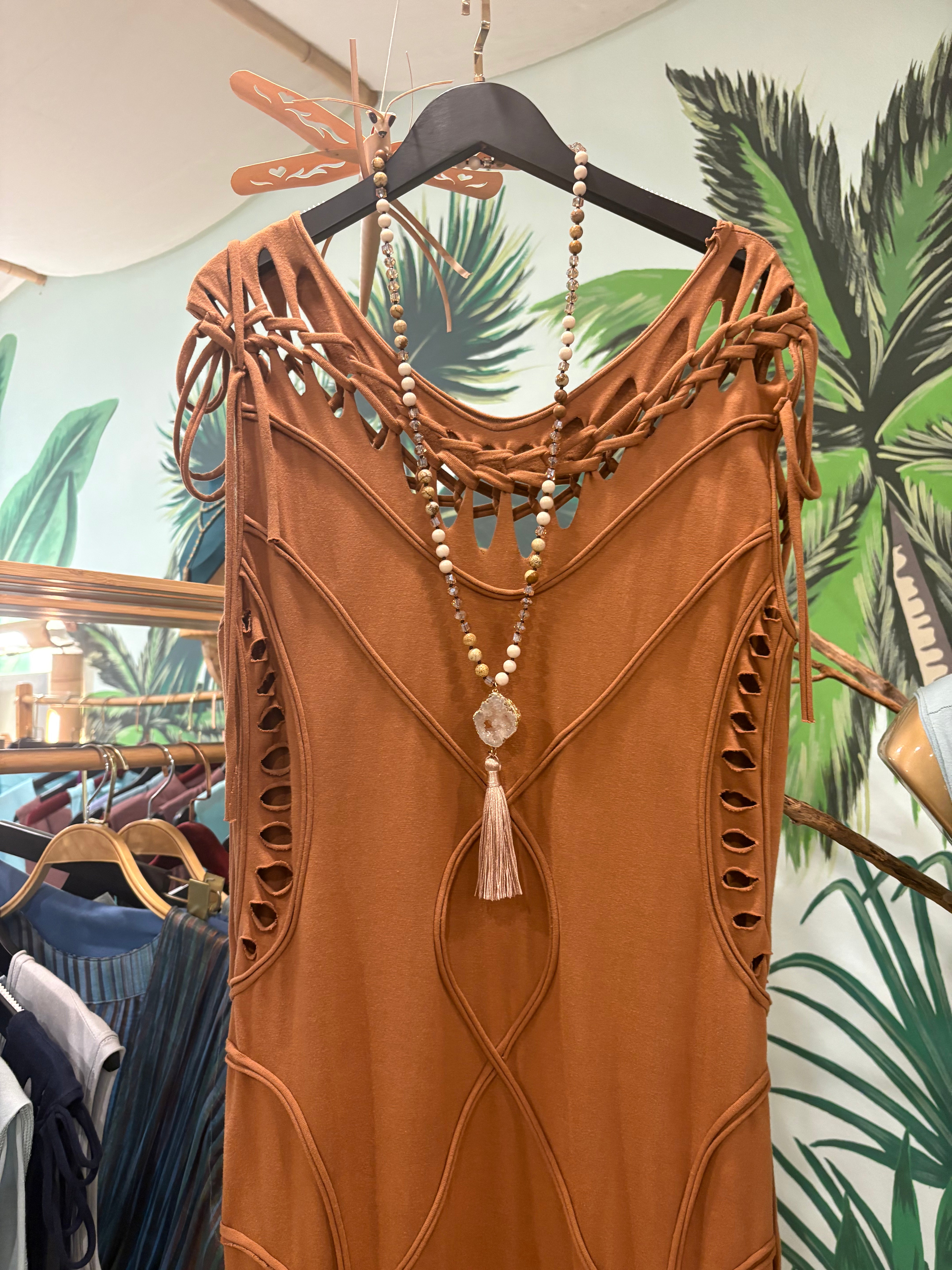 Druzy quartz in gold leaf Boho necklace and tassel BestPlanNoPlan