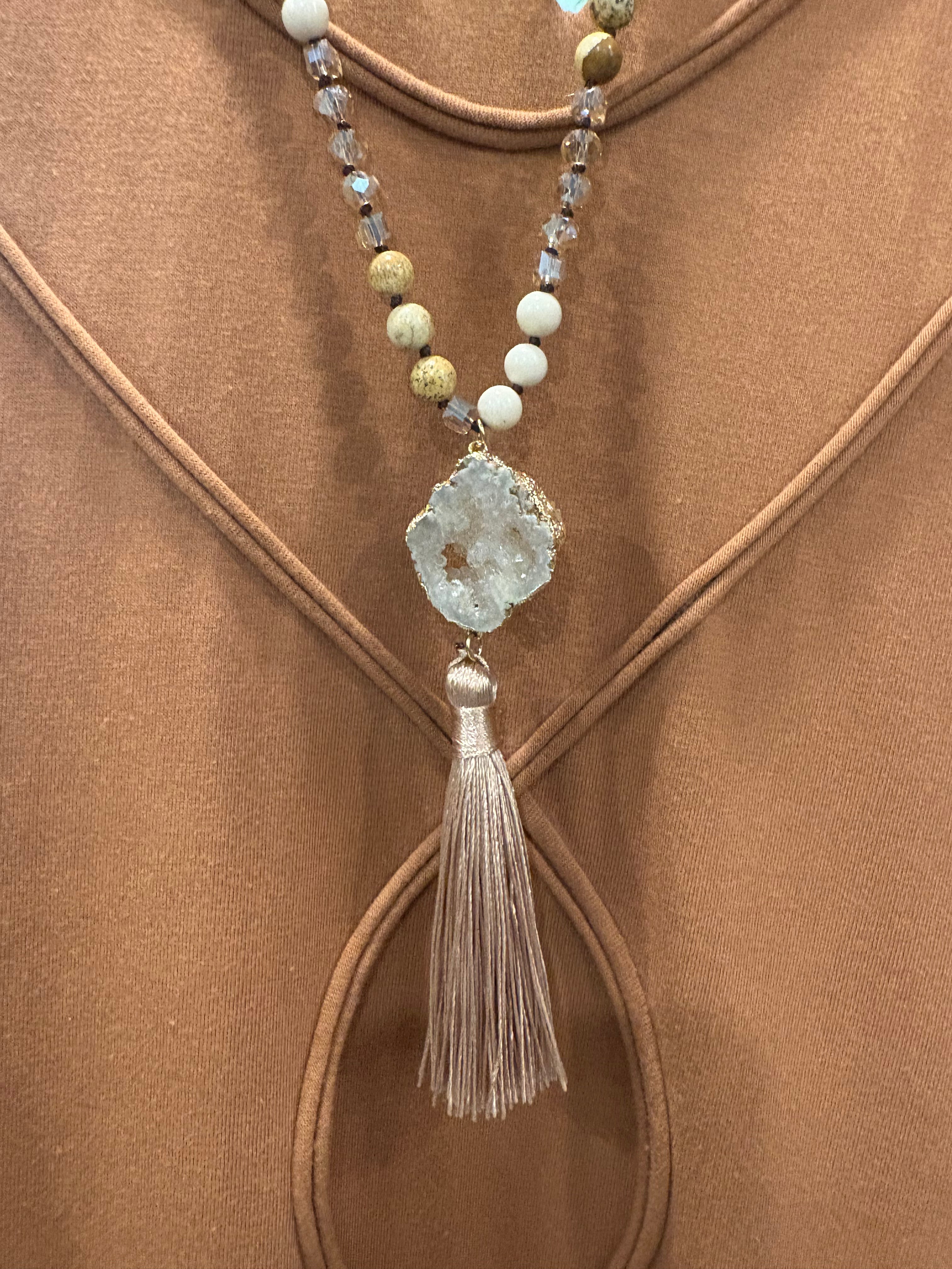 Druzy quartz in gold leaf Boho necklace and tassel BestPlanNoPlan