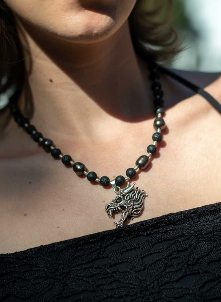 SILVER DRAGON Necklace with Lava Stone Accessories BestPlanNoPlan
