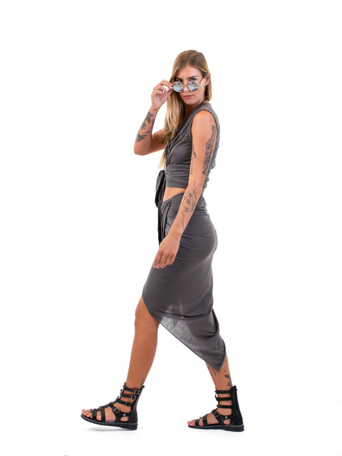 Side loook of a grey Handmade V-Neck Wrap Top Blouse, Elegant, Sustainable & Slow Fashion Thailand natural fabrics 